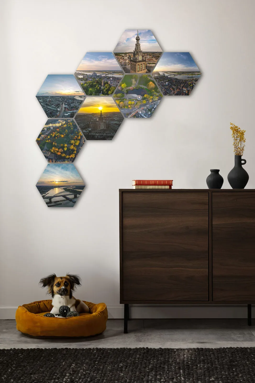 Hexagon fotocollage van luchtfoto's boven een dressoir, met een hond in zijn mand
