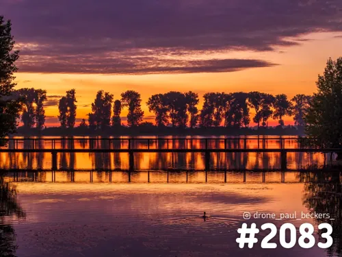 Luchtfoto van polderplas bij zonsopkomst met vlonder, bomenrij en oranje weerspiegeling