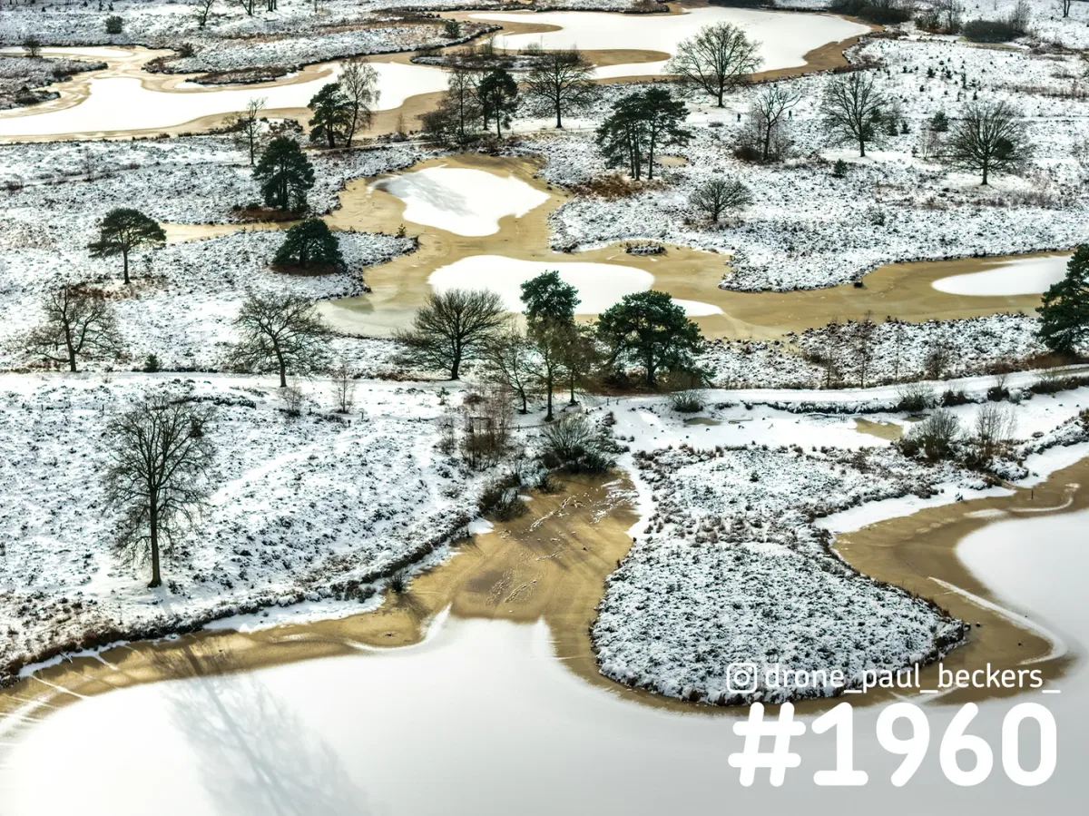 Luchtfoto van de Hatertse Vennen bij Nijmegen in de sneeuw, met bevroren vennen en kale en groene bomen op de heide