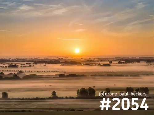 Luchtfoto van de Ooijpolder bij zonsopkomst, met laaghangende mist tussen bomenrijen en een oranje lucht boven de horizon