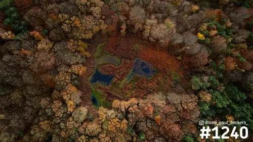 Luchtfoto recht van boven op een klein ven met donker water in herfstbos op de Duivelsberg bij Nijmegen