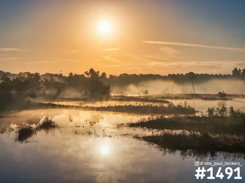 Zonsopkomst boven de Hatertse Vennen bij Nijmegen, met mist boven het water en eendjes in de weerspiegeling