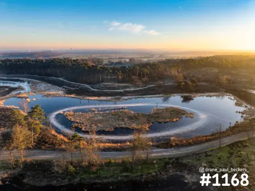 Luchtfoto van de Hatertse Vennen bij Nijmegen met een ijsring rond een eilandje, dennenbos en laagstaande winterzon