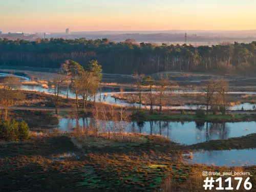 Luchtfoto van de Hatertse Vennen bij Nijmegen in de vroege ochtend, met open water, heide en kale bomen in zacht oranje licht