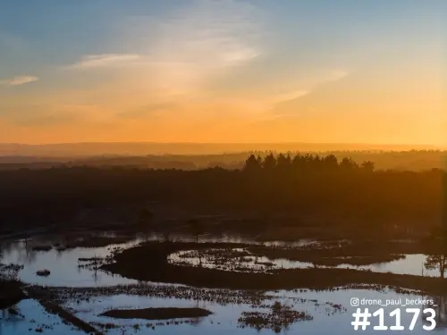 Luchtfoto van de Hatertse Vennen in Nijmegen met oranje lucht, donkere bosrand en weerspiegeling in ondiep water
