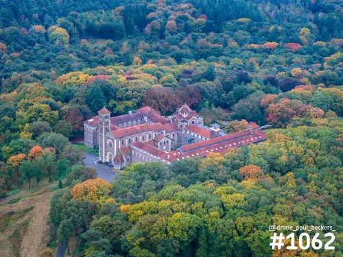Luchtfoto van de abdij in Heilig Landstichting bij Nijmegen, omringd door bos in herfstkleuren van geel, oranje en groen