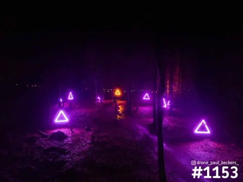 Neon driehoeken in paars en oranje lichten op tussen de bomen in een bos bij Heilig Landstichting, in het donker van de avond