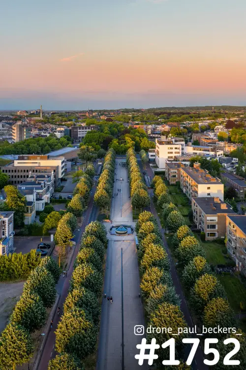 Luchtfoto van een brede laan met bomenrijen bij Keizer Karel Plein in Nijmegen, met roze lucht boven het Stationsgebied