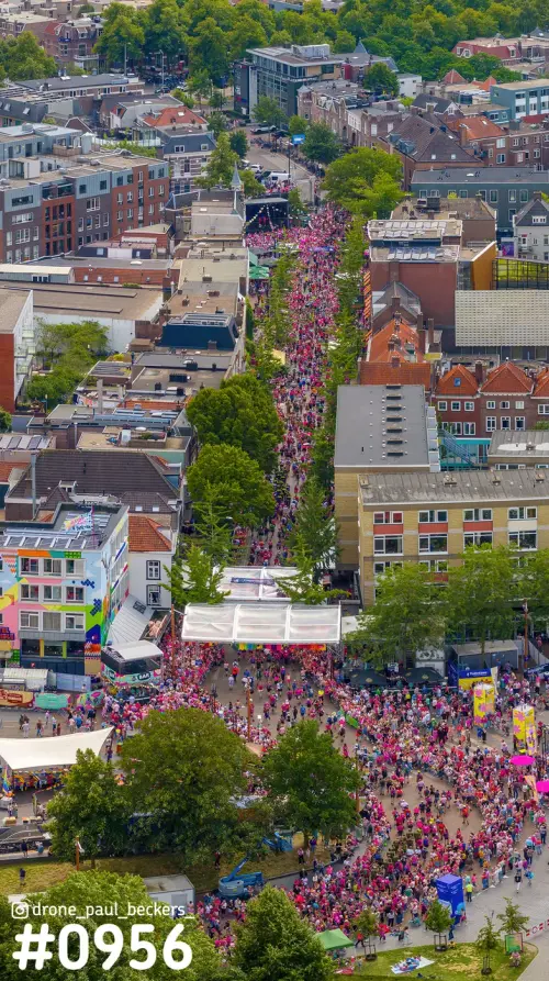 Luchtfoto van een dichte menigte in roze kleding op een met bomen omzoomde straat in Nijmegen tijdens de Vierdaagse