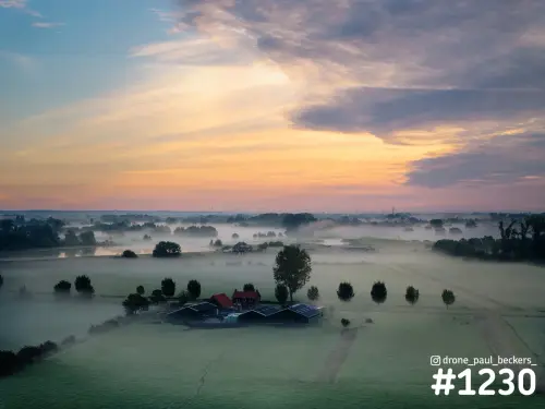 Luchtfoto van een boerderij met zonnepanelen in de Ooijpolder bij zonsopkomst, met laag hangende mist over de weilanden
