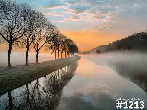 Rij kale bomen langs een dijkpad in de Ooijpolder bij zonsopkomst, met laaghangende mist en weerspiegeling in het water