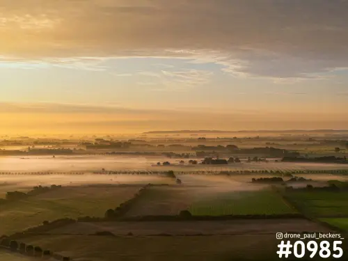 Luchtfoto van de Ooijpolder bij zonsopkomst, met laaghangende mist boven akkers, weilanden en rijen bomen onder een goudgele lucht