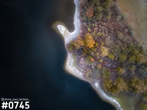 Luchtfoto van een oever met herfstkleurige bomen en struiken in de Ooijpolder bij Nijmegen, met rijp langs de waterrand