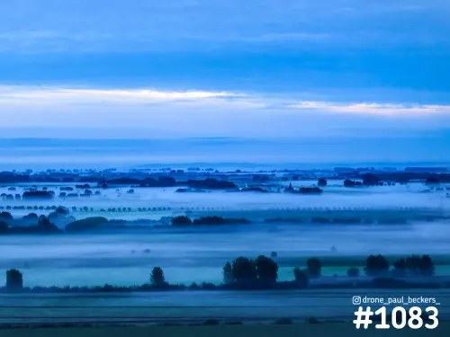 Luchtfoto van de Ooijpolder bij Nijmegen in blauw ochtendlicht, met mistbanken tussen bomenrijen en weilanden
