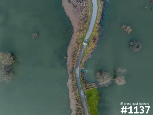 Luchtfoto van een smal asfaltweggetje door de overstroomde Ooijpolder, met kale bomen en struiken in het water