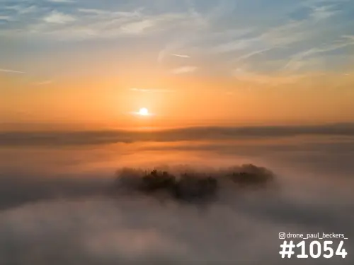 Luchtfoto van de Ooijpolder bij zonsopkomst, met een groepje bomen dat uit een dik mistdek steekt onder een oranje lucht