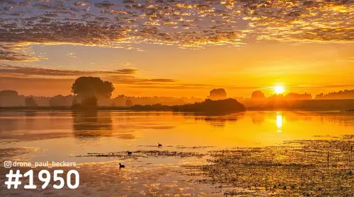 Zonsopkomst boven het water van de Ooijpolder bij Nijmegen, met oranje wolkenlucht, spiegeling en meerkoeten op het water