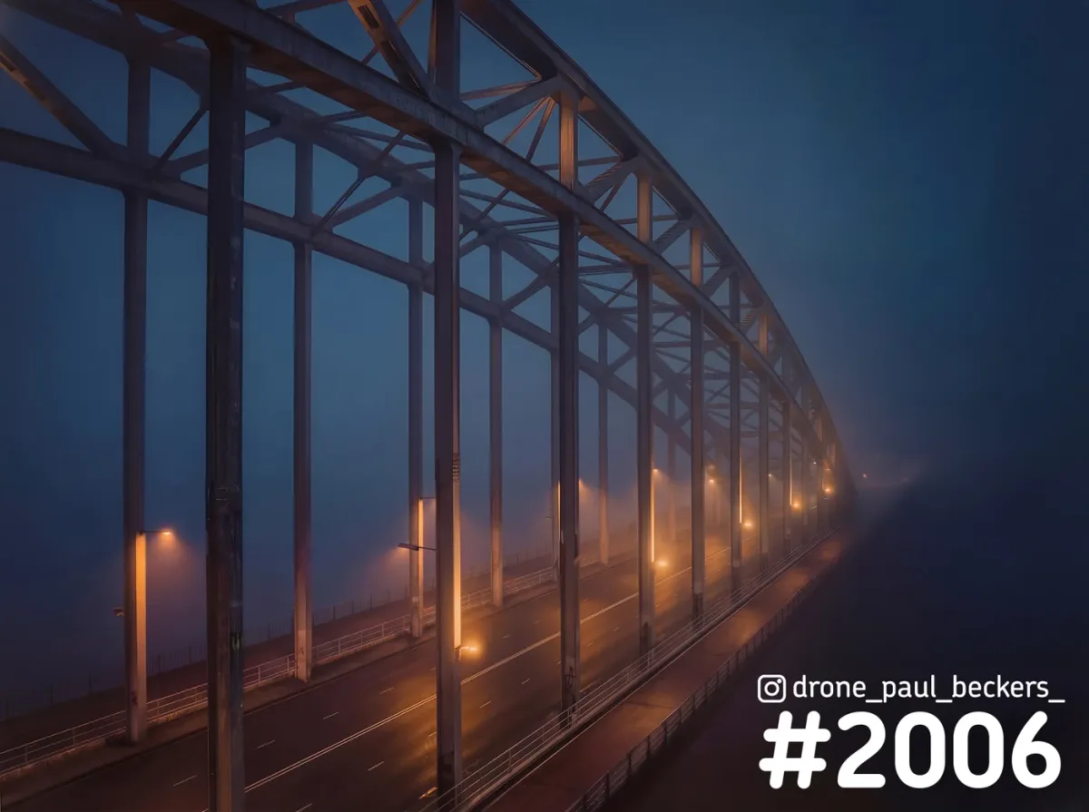 Luchtfoto van de stalen boogconstructie van de Waalbrug in Nijmegen in dichte mist, met oranje lantaarns in het blauwe schemerlicht
