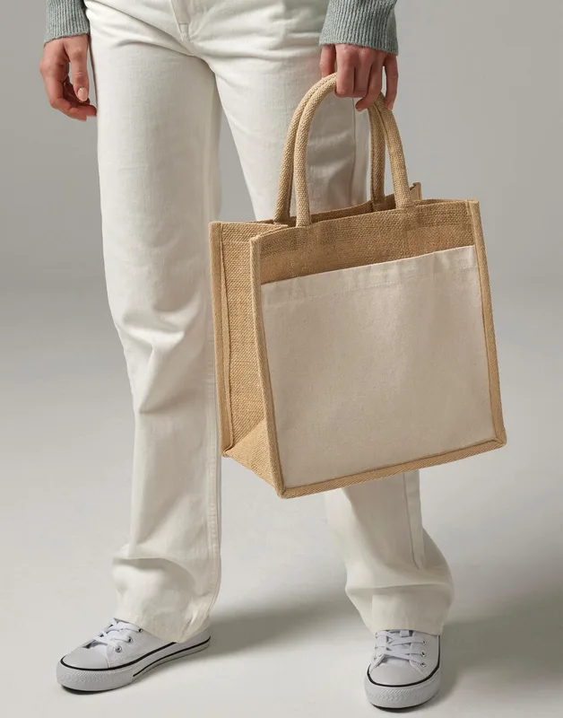 Westford Mill Gesteven jute midi shopper met katoenen vak