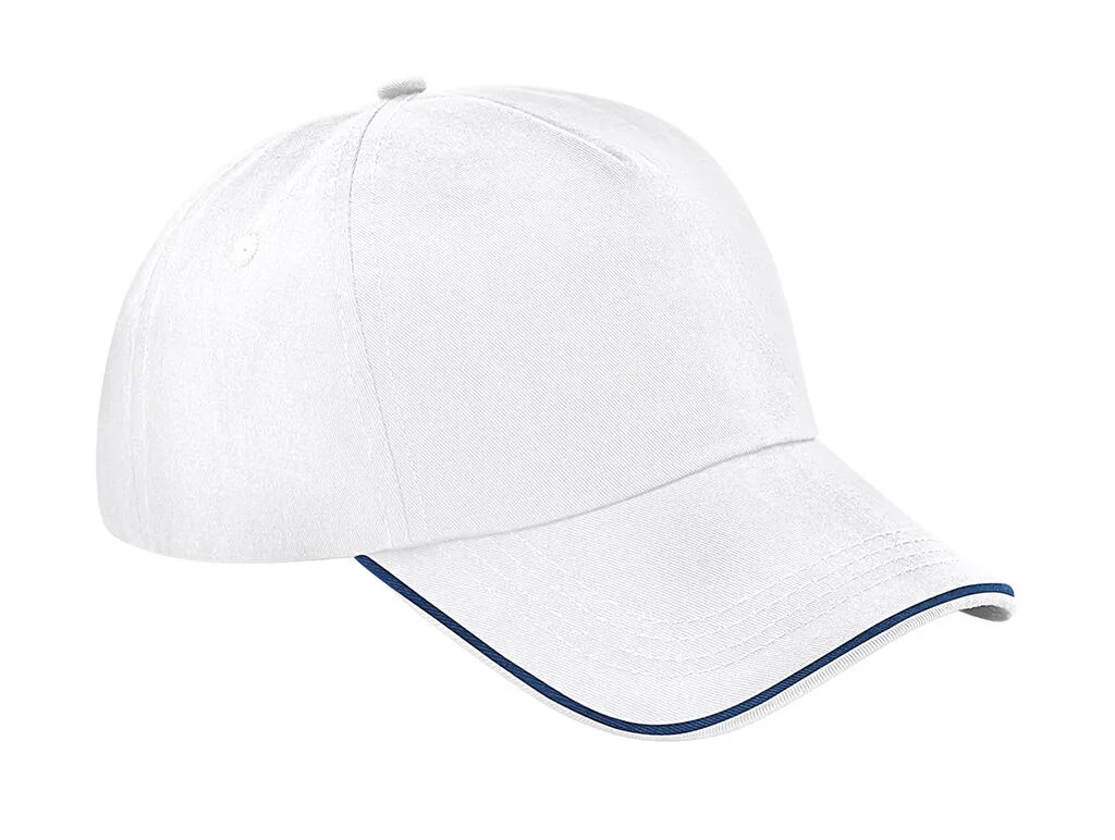 Beechfield Authentic 5-panel cap with piped peak in White/French Navy, voorkant – te bedrukken met jouw logo of tekst