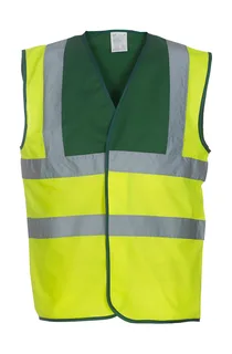 Yoko Fluohesje met 2 banden en bretelbies in Fluo Yellow/Paramedic Green, voorkant