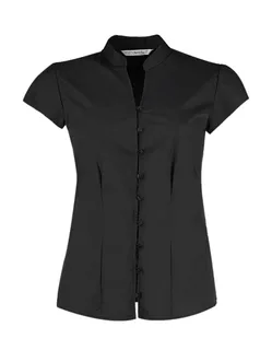 Kustom Kit Dames blouse met opstaande kraag en korte mouwen, tailored fit in Black, voorkant
