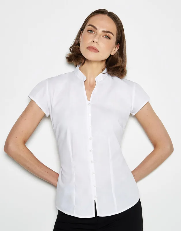 Kustom Kit Dames blouse met opstaande kraag en korte mouwen, tailored fit