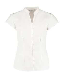 Kustom Kit Dames blouse met opstaande kraag en korte mouwen, tailored fit in White, voorkant