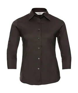 Russell Collection Dames getailleerde blouse met driekwartmouw, kreukarm in Chocolate, voorkant