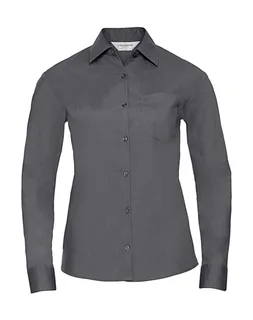 Russell Collection Women's long-sleeved poplin blouse in Convoy Grey, voorkant