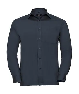 Russell Collection Heren poplin overhemd met lange mouwen in French Navy, voorkant