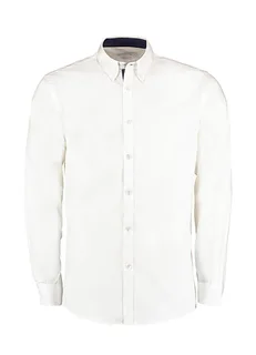 Kustom Kit Premium oxford overhemd met contrast, tailored fit in White/Navy, voorkant