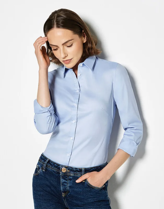Kustom Kit Dames stretch oxford blouse met lange mouwen, tailored fit
