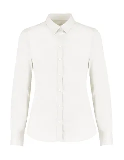 Kustom Kit Women's long-sleeved stretch Oxford blouse, tailored fit in White, voorkant