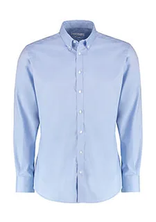 Kustom Kit Slim-fit long-sleeved stretch oxford shirt in Light Blue, voorkant