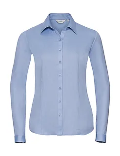 Russell Collection Women's long-sleeved herringbone blouse in Light Blue, voorkant
