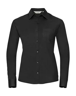 Russell Collection Dames poplin blouse van katoen met lange mouwen, kreukarm in Black, voorkant