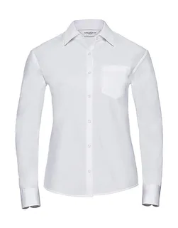 Russell Collection Dames poplin blouse van katoen met lange mouwen, kreukarm in White, voorkant