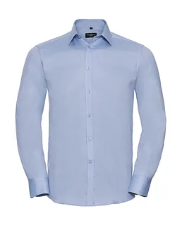 Russell Collection Men's long-sleeved herringbone shirt in Light Blue, voorkant