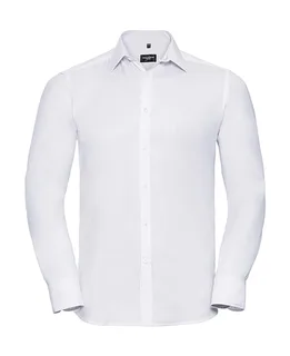 Russell Collection Men's long-sleeved herringbone shirt in White, voorkant