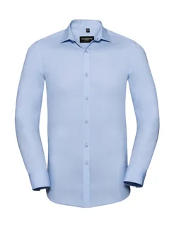 Russell Collection Heren stretch overhemd met lange mouwen in Bright Sky, voorkant