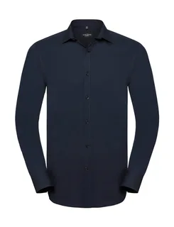 Russell Collection Heren stretch overhemd met lange mouwen in Bright Navy, voorkant