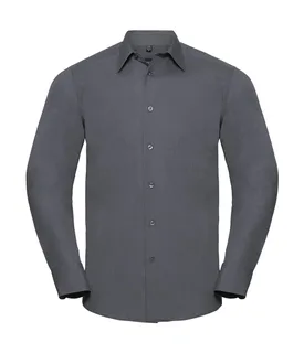 Russell Collection Getailleerd poplin overhemd met lange mouwen in Convoy Grey, voorkant