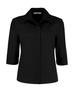 Kustom Kit Women's Continental three-quarter sleeve blouse, tailored fit in Black, voorkant