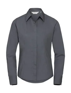 Russell Collection Women's tailored long-sleeved poplin blouse in Convoy Grey, voorkant