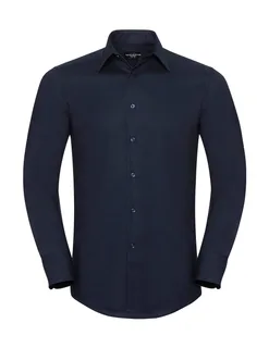 Russell Collection Heren getailleerd oxford overhemd met lange mouwen in Bright Navy, voorkant