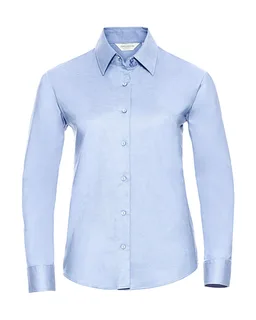 Russell Collection Dames oxford blouse met lange mouwen, kreukarm in Oxford Blue, voorkant