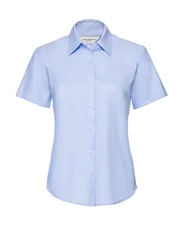 Russell Collection Dames oxford blouse met korte mouwen, kreukarm in Oxford Blue, voorkant