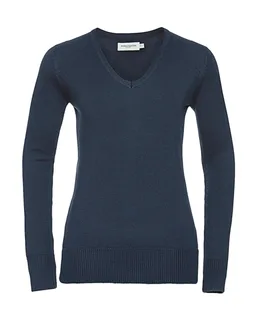 Russell Collection Dames gebreide trui met V-hals in French Navy, voorkant