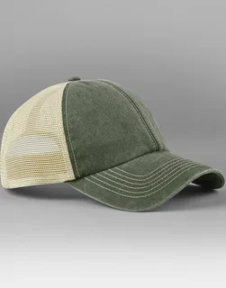 Beechfield 6 Panel Vintage Trucker in Vintage Olive/Stone, voorkant